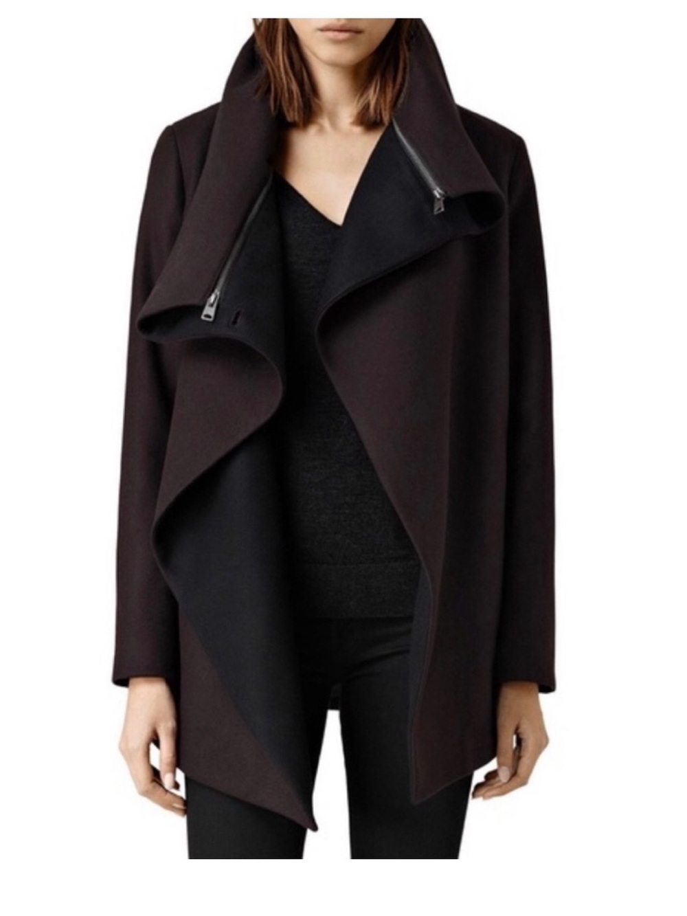 AllSaints Black Draped Trench Coat with Waterfall Collar